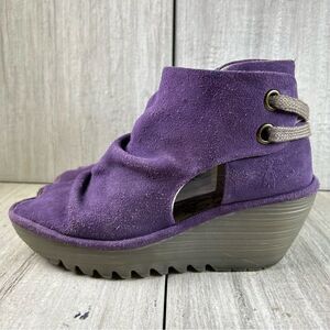 Fly London Yema Amethyst Purple Suede Platform Wedge Open Toe Shoe Womens Size 7